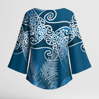 Aotearoa Maori Koru Curves Kimono Sleeve Blouse Silver Ferns - Navy Blue