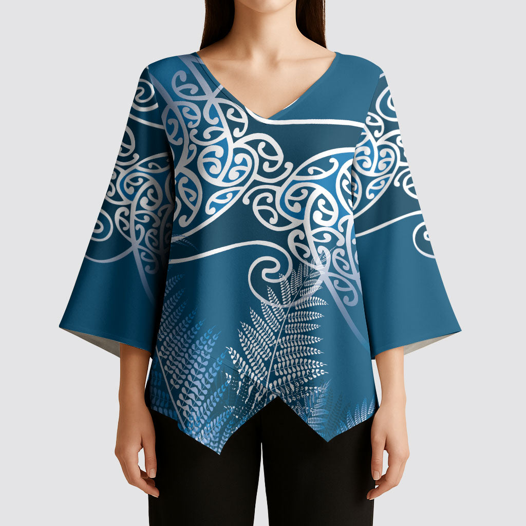 Aotearoa Maori Koru Curves Kimono Sleeve Blouse Silver Ferns - Navy Blue