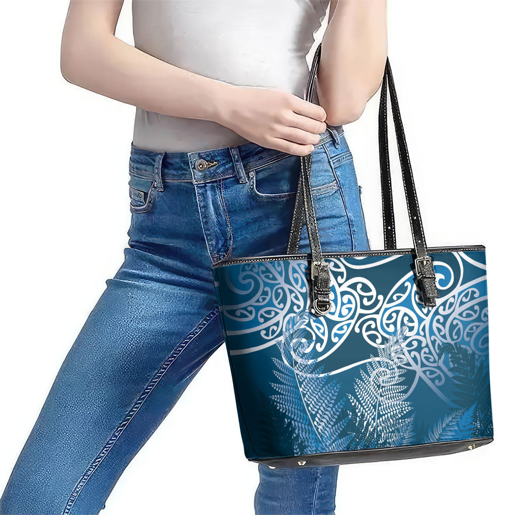 Aotearoa Maori Koru Curves Leather Tote Bag Silver Ferns - Navy Blue