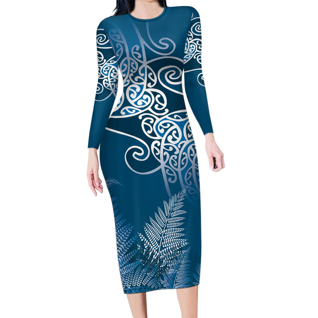 Aotearoa Maori Koru Curves Long Sleeve Bodycon Dress Silver Ferns - Navy Blue