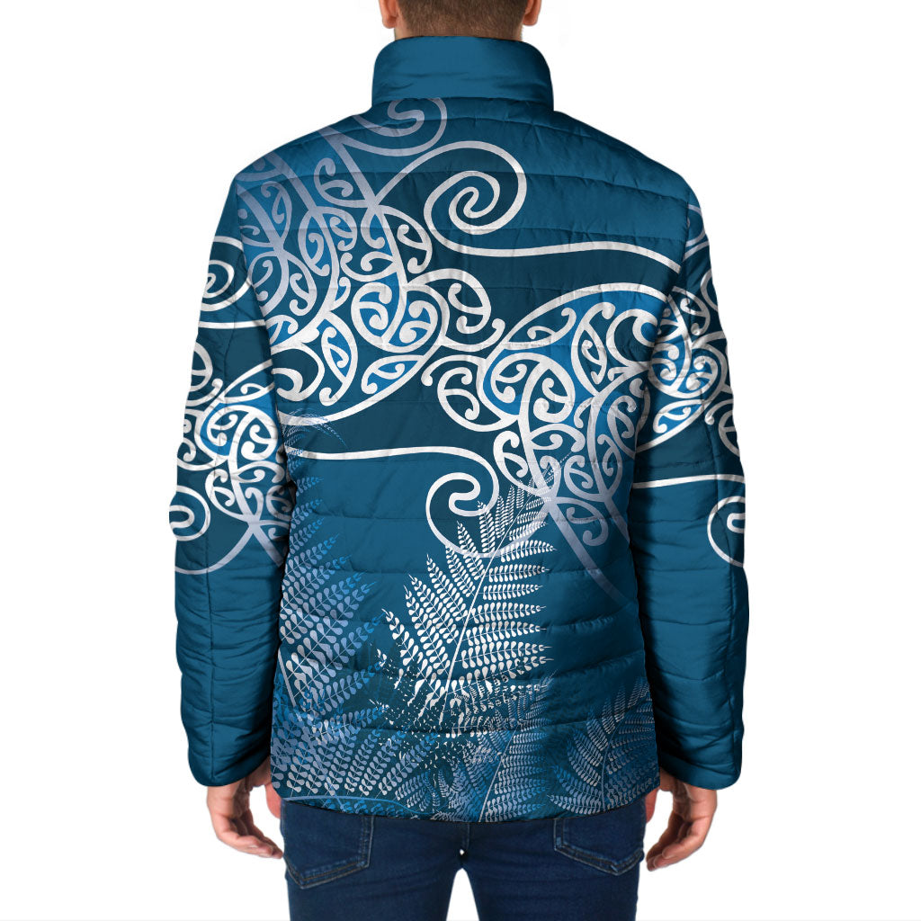 Aotearoa Maori Koru Curves Padded Jacket Silver Ferns - Navy Blue
