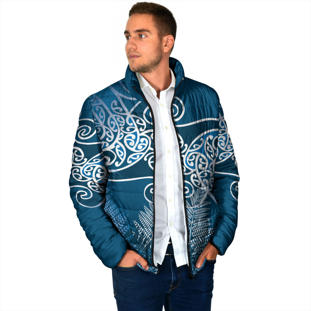 Aotearoa Maori Koru Curves Padded Jacket Silver Ferns - Navy Blue