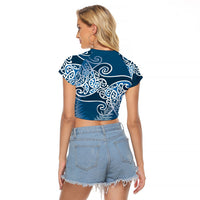 Aotearoa Maori Koru Curves Raglan Cropped T Shirt Silver Ferns - Navy Blue