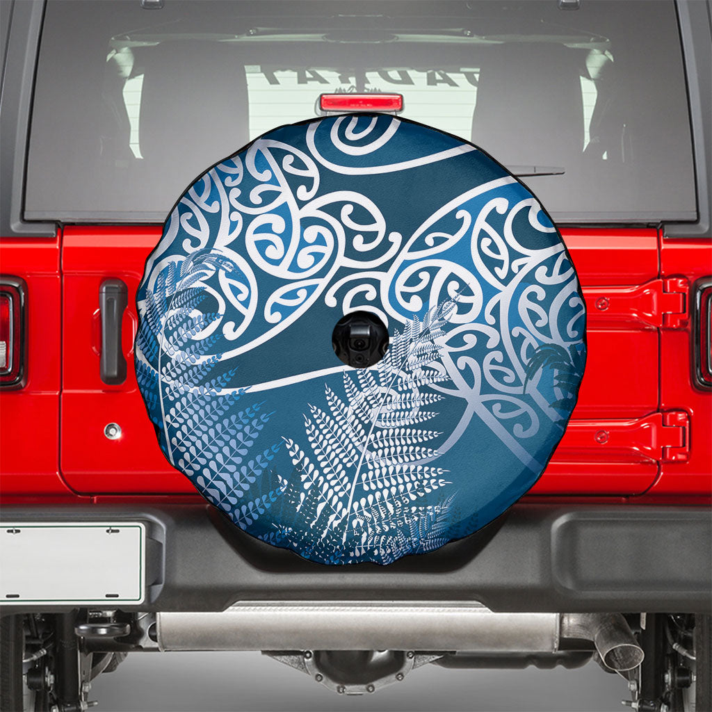 Aotearoa Maori Koru Curves Spare Tire Cover Silver Ferns - Navy Blue