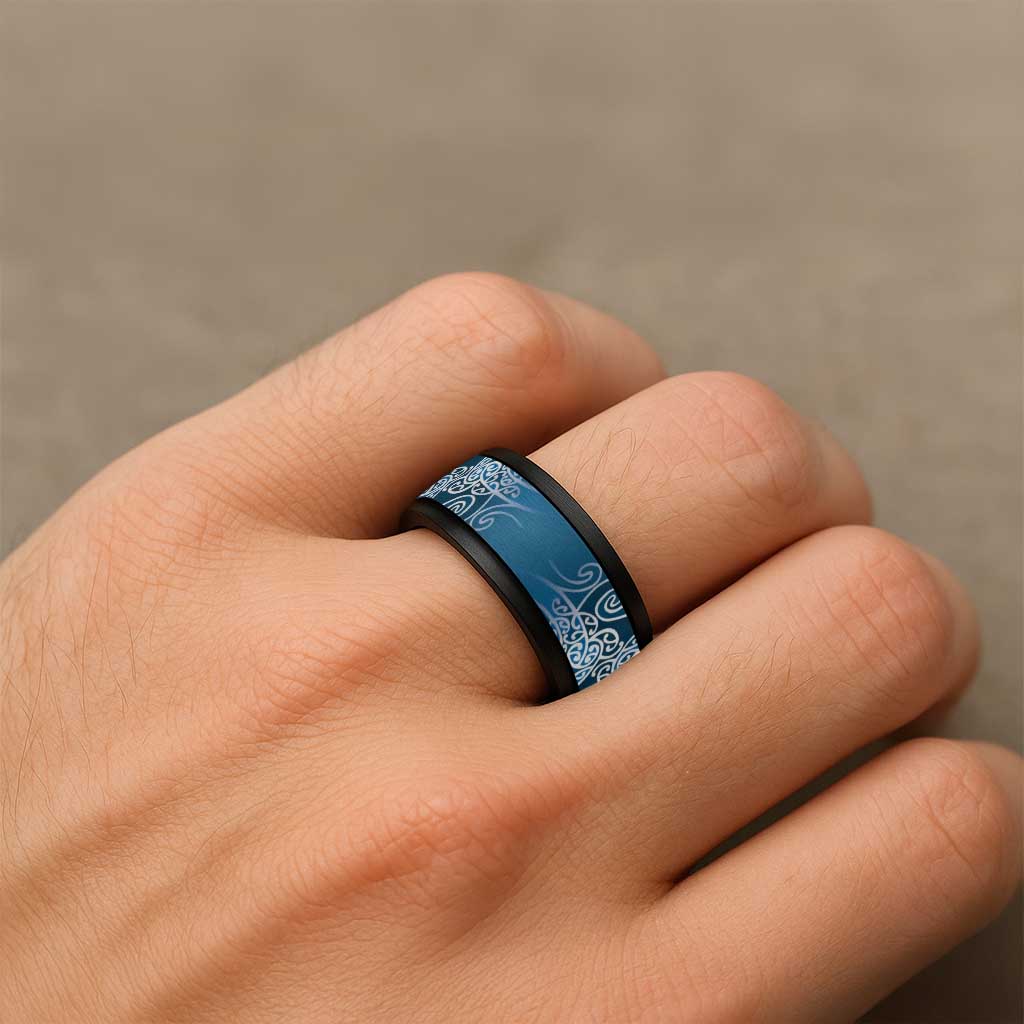 Aotearoa Maori Koru Curves Spinner Ring Silver Ferns - Navy Blue