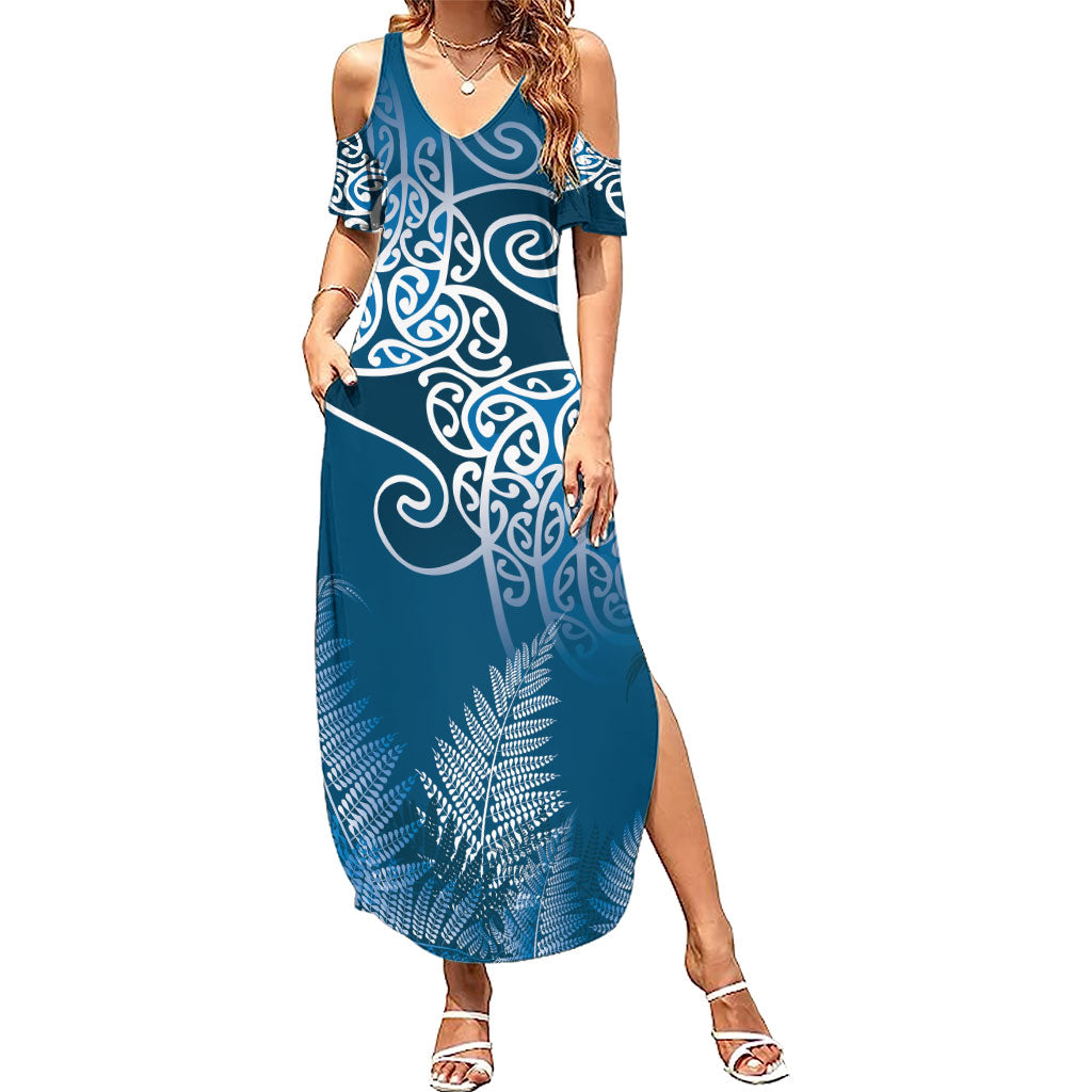Aotearoa Maori Koru Curves Summer Maxi Dress Silver Ferns - Navy Blue