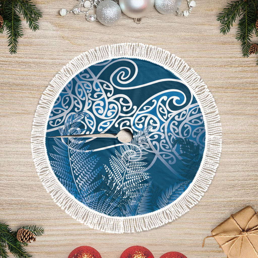 Aotearoa Maori Koru Curves Tree Skirt Silver Ferns - Navy Blue LT7 Fringed Navy Blue - Polynesian Pride