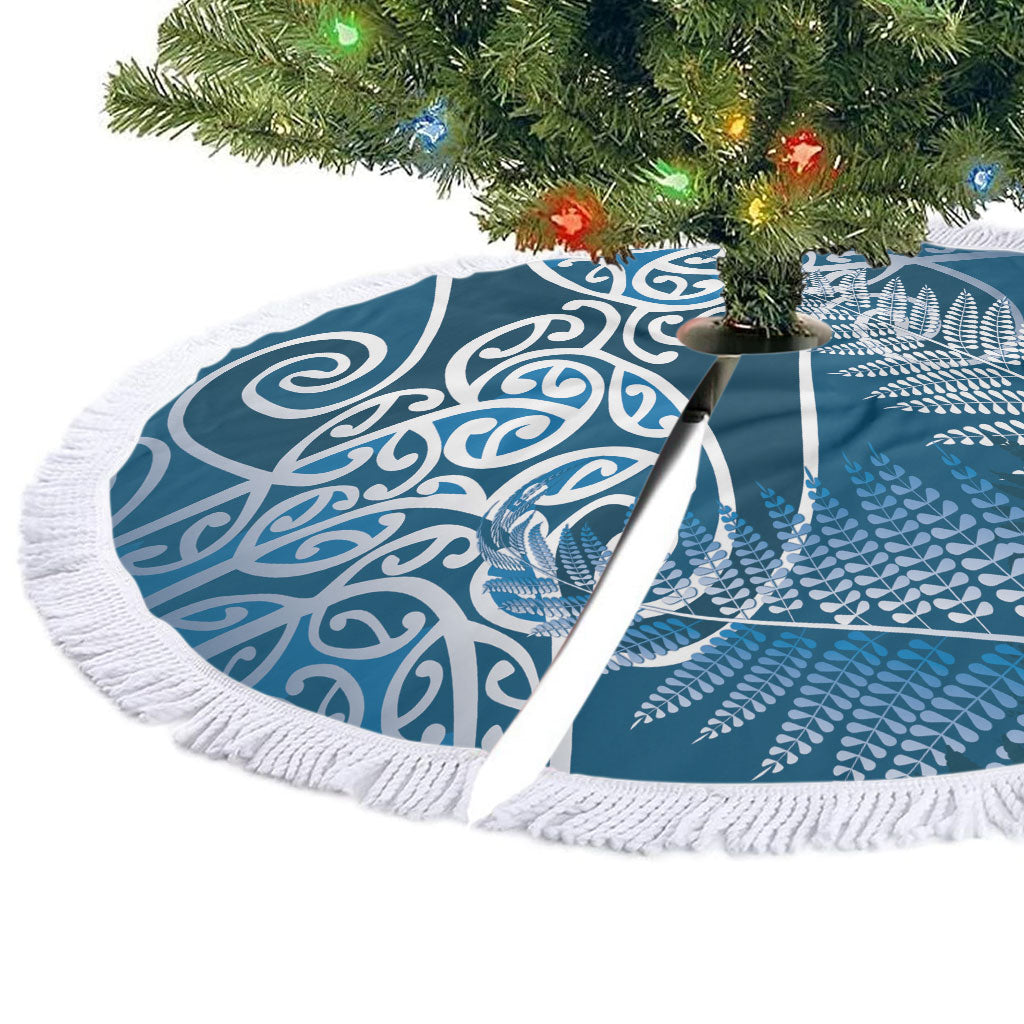 Aotearoa Maori Koru Curves Tree Skirt Silver Ferns - Navy Blue LT7 - Polynesian Pride