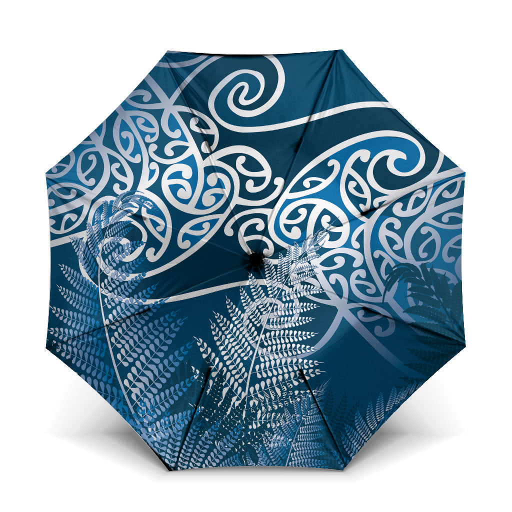 Aotearoa Maori Koru Curves Umbrella Silver Ferns - Navy Blue