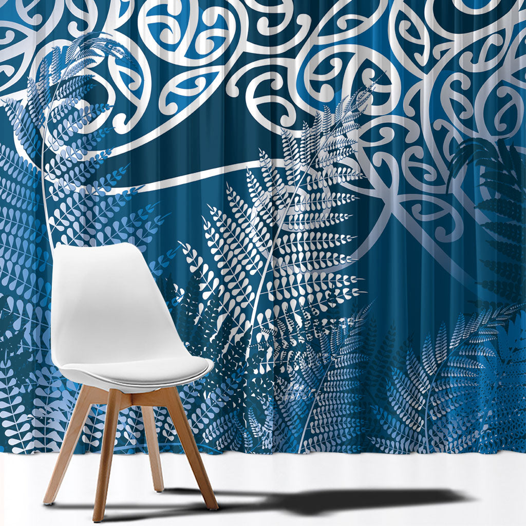 Aotearoa Maori Koru Curves Window Curtain Silver Ferns - Navy Blue LT7 - Polynesian Pride