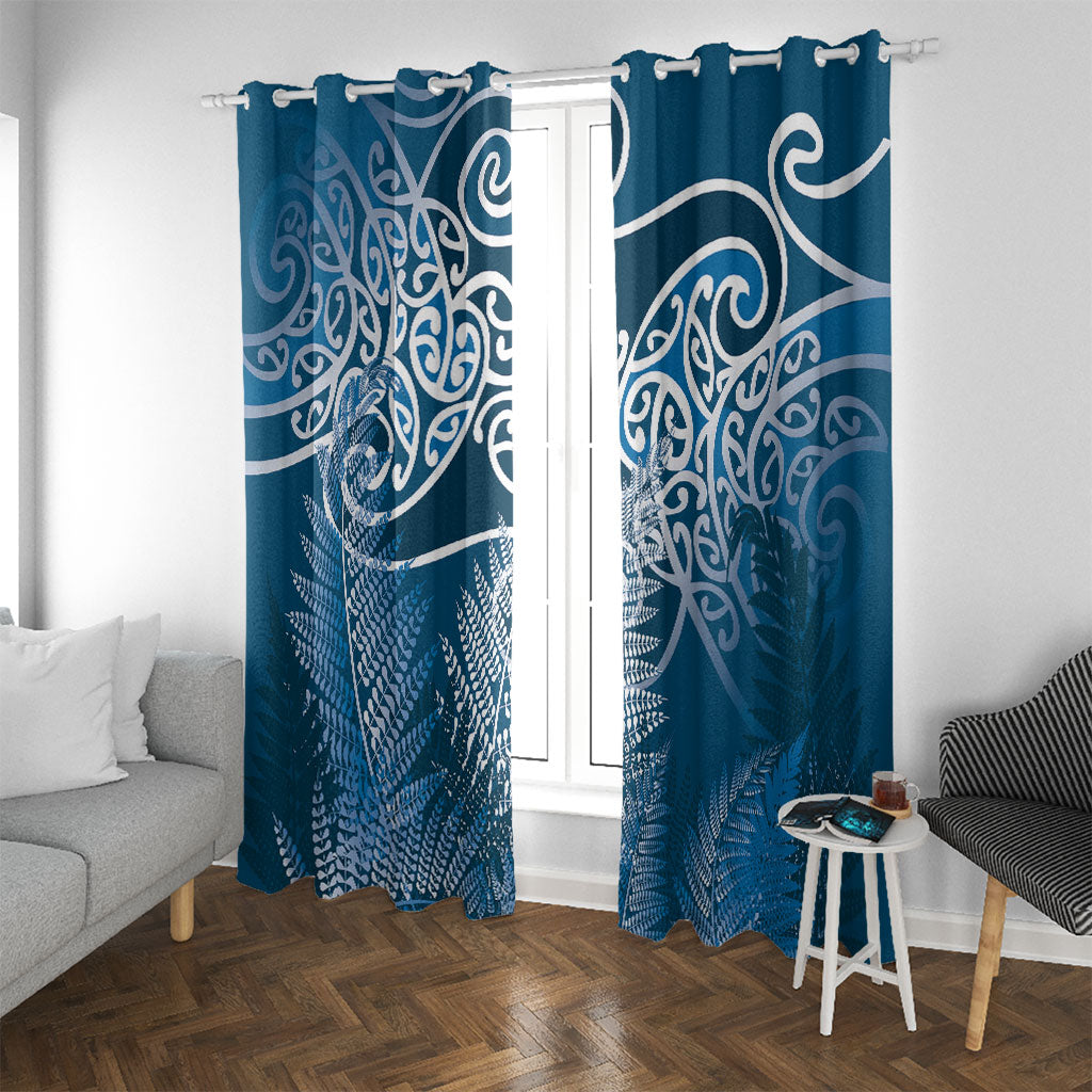 Aotearoa Maori Koru Curves Window Curtain Silver Ferns - Navy Blue LT7 With Grommets Navy Blue - Polynesian Pride