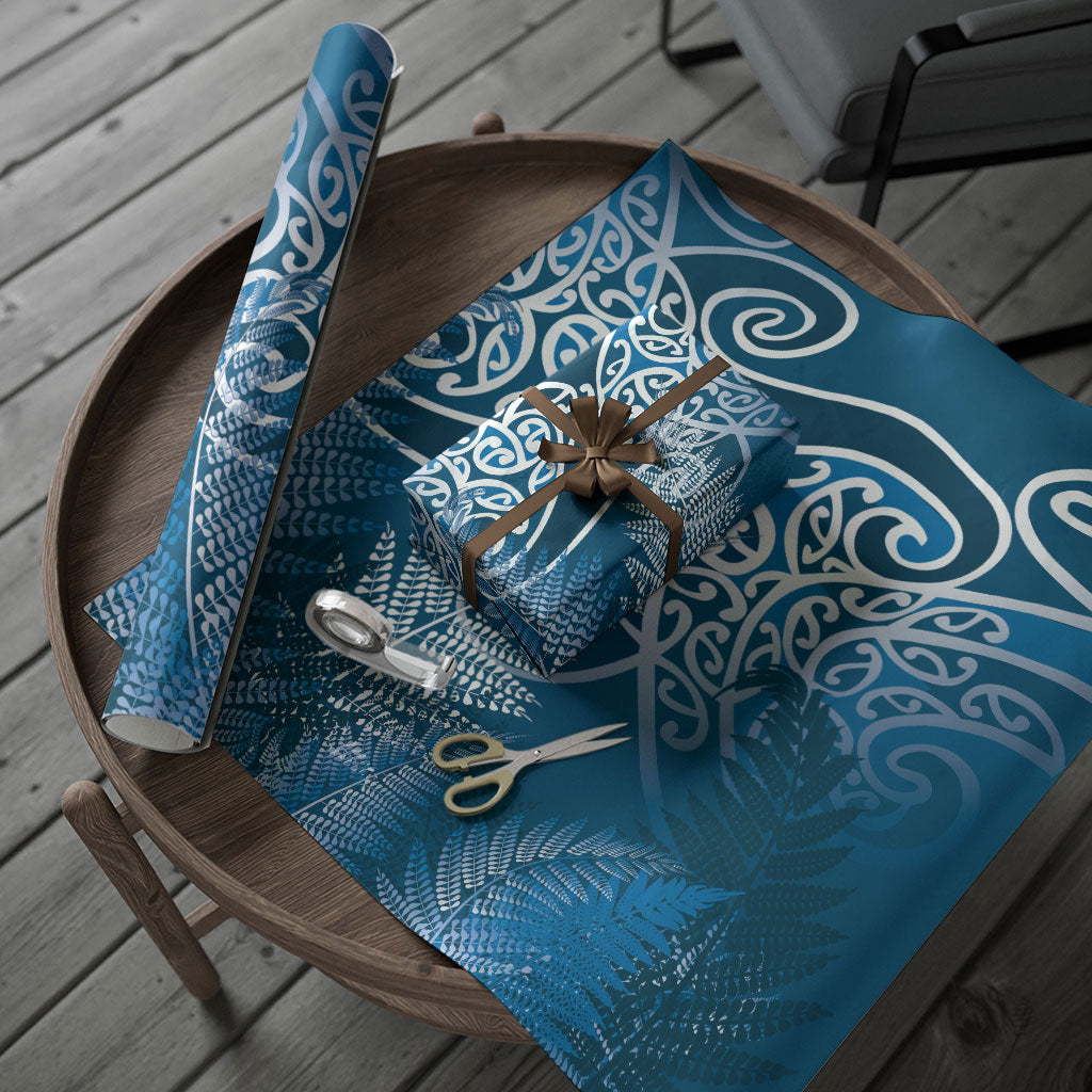 Aotearoa Maori Koru Curves Wrapping Paper Silver Ferns - Navy Blue