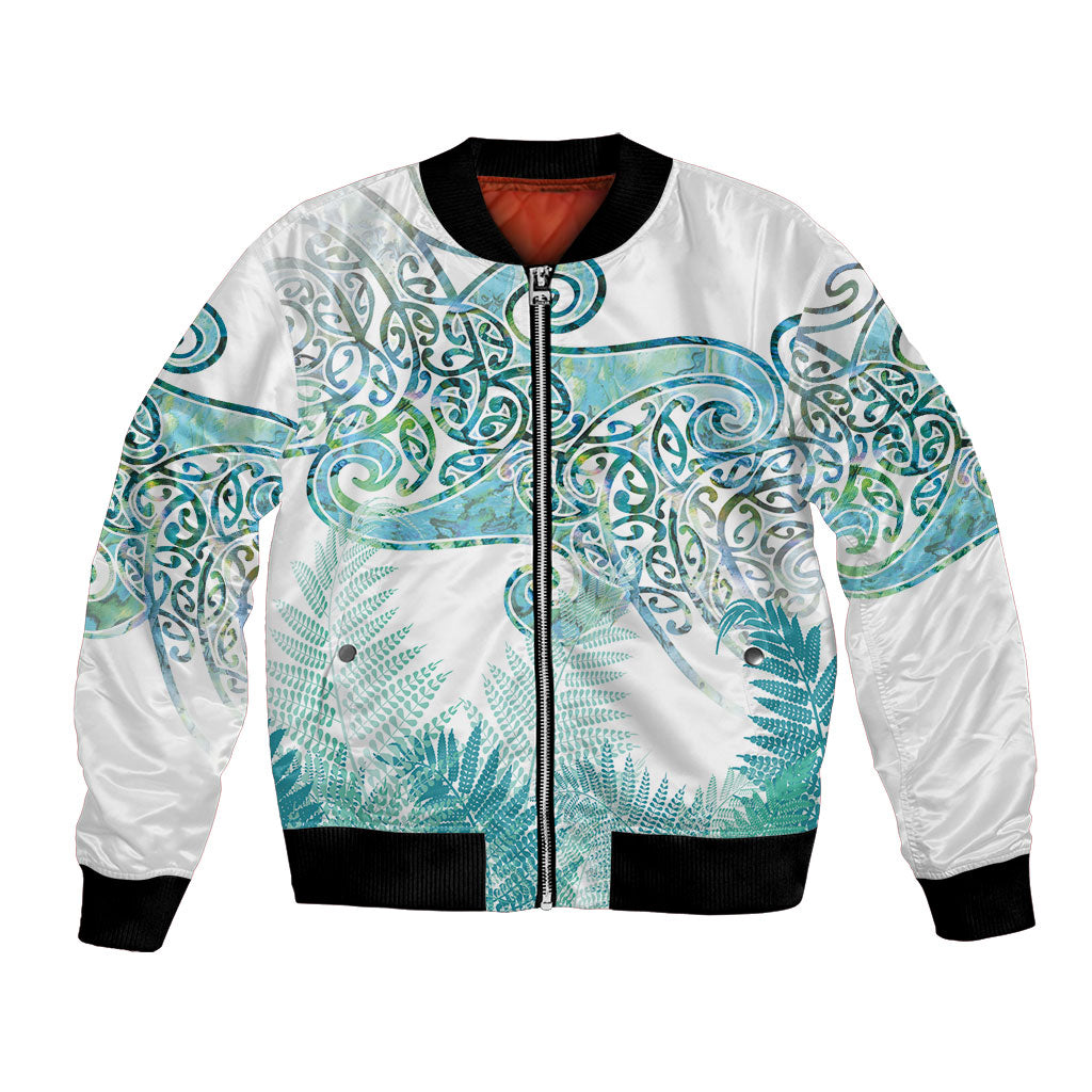 Aotearoa Maori Koru Curves Bomber Jacket Mossy Paua Shell