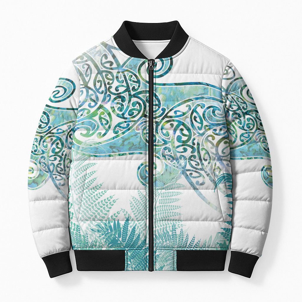Aotearoa Maori Koru Curves Bomber Puffer Jacket Mossy Paua Shell