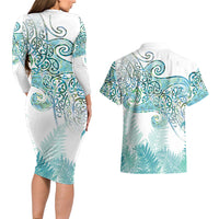 Aotearoa Maori Koru Curves Couples Matching Long Sleeve Bodycon Dress and Hawaiian Shirt Mossy Paua Shell LT7 - Polynesian Pride