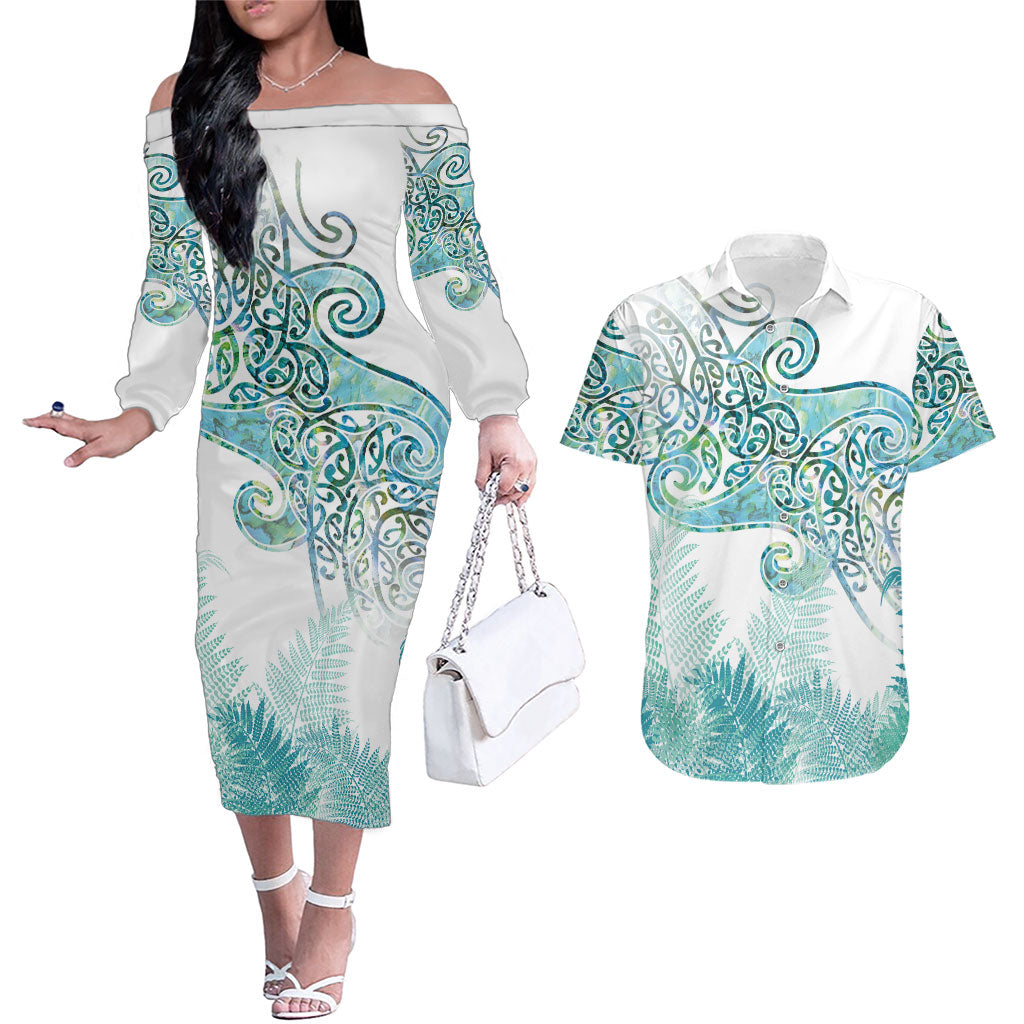 Aotearoa Maori Koru Curves Couples Matching Off The Shoulder Long Sleeve Dress and Hawaiian Shirt Mossy Paua Shell