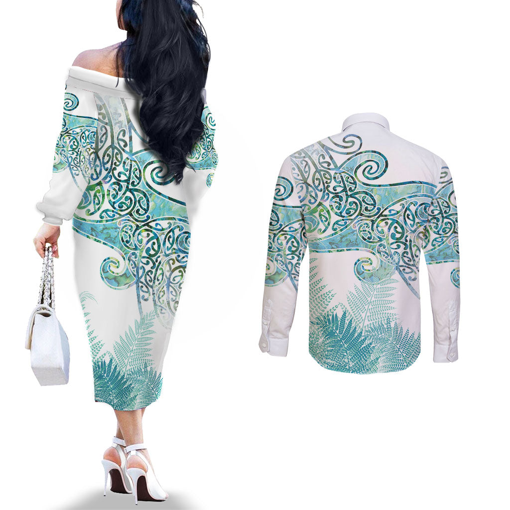 Aotearoa Maori Koru Curves Couples Matching Off The Shoulder Long Sleeve Dress and Long Sleeve Button Shirt Mossy Paua Shell