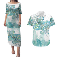 Aotearoa Maori Koru Curves Couples Matching Puletasi and Hawaiian Shirt Mossy Paua Shell