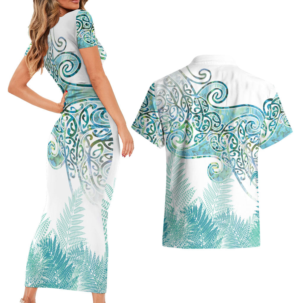 Aotearoa Maori Koru Curves Couples Matching Short Sleeve Bodycon Dress and Hawaiian Shirt Mossy Paua Shell LT7 - Polynesian Pride