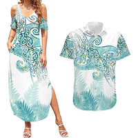 Aotearoa Maori Koru Curves Couples Matching Summer Maxi Dress and Hawaiian Shirt Mossy Paua Shell