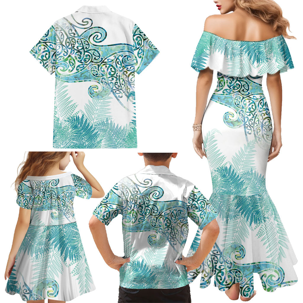 Aotearoa Maori Koru Curves Family Matching Mermaid Dress and Hawaiian Shirt Mossy Paua Shell LT7 - Polynesian Pride