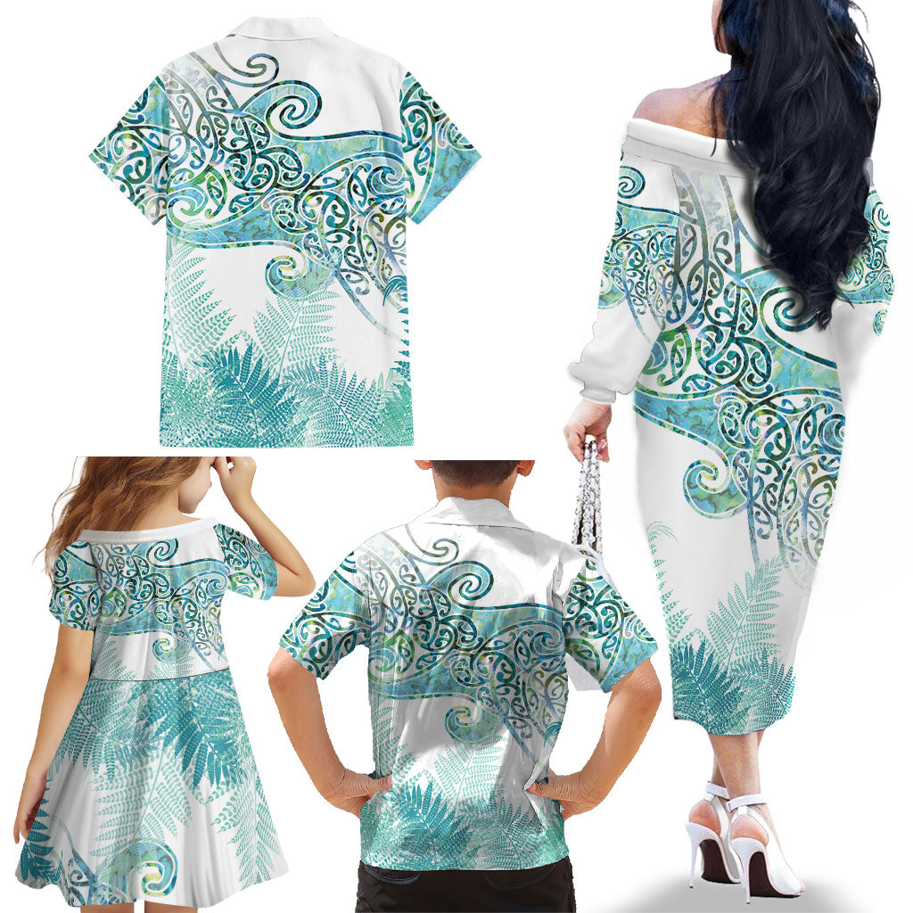 Aotearoa Maori Koru Curves Family Matching Off The Shoulder Long Sleeve Dress and Hawaiian Shirt Mossy Paua Shell LT7 - Polynesian Pride
