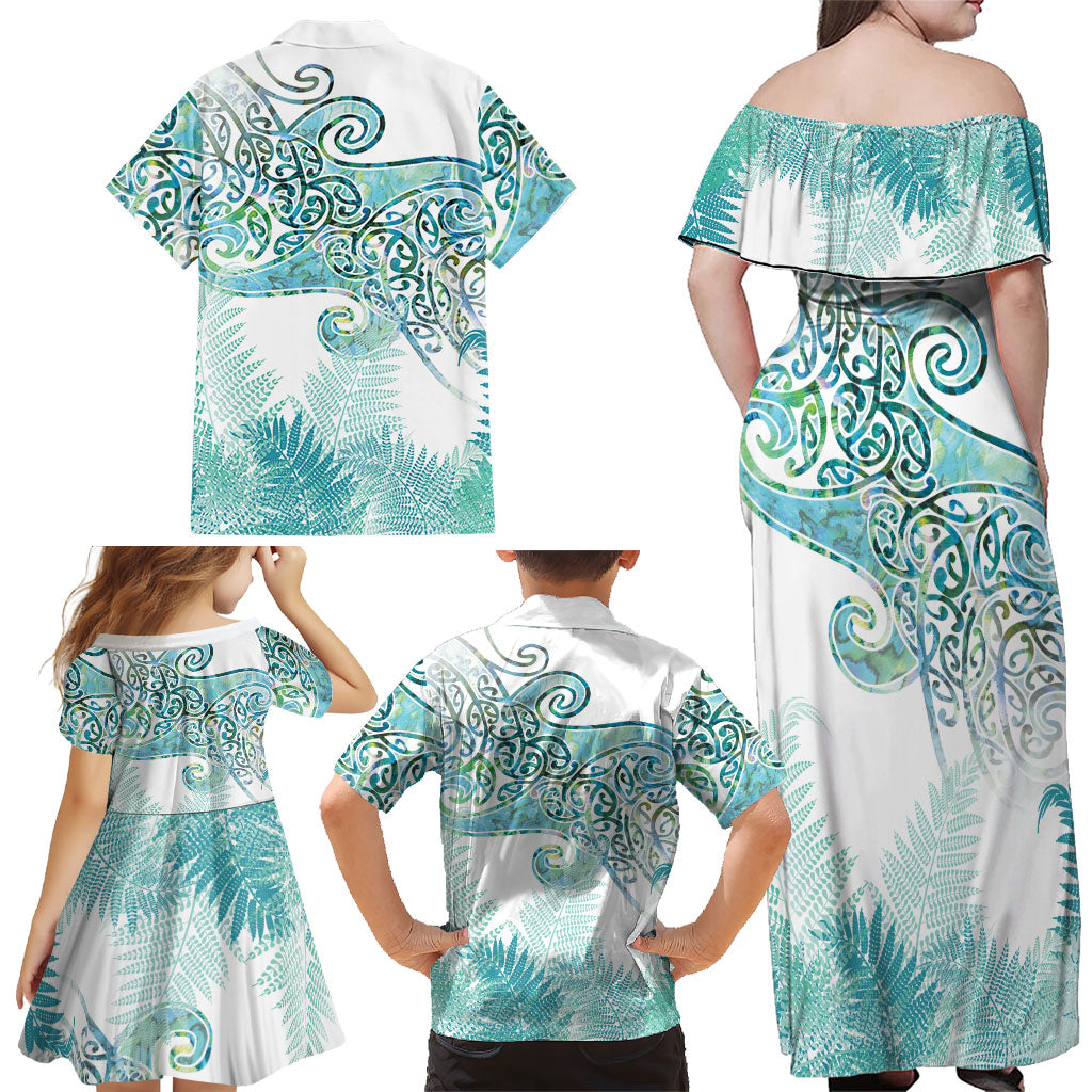 Aotearoa Maori Koru Curves Family Matching Off Shoulder Maxi Dress and Hawaiian Shirt Mossy Paua Shell LT7 - Polynesian Pride