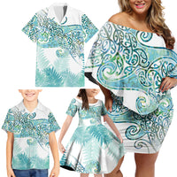 Aotearoa Maori Koru Curves Family Matching Off Shoulder Short Dress and Hawaiian Shirt Mossy Paua Shell LT7 - Polynesian Pride