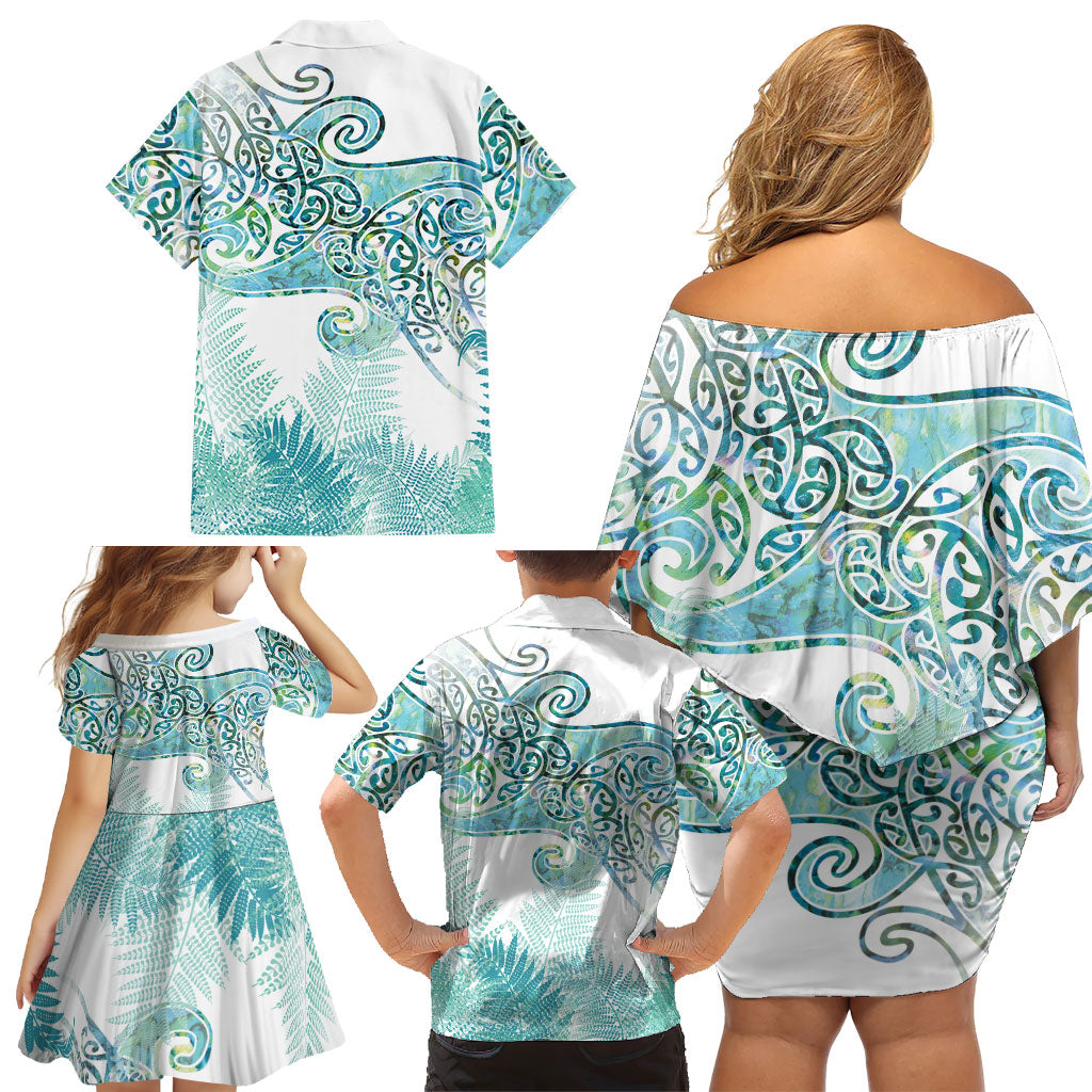Aotearoa Maori Koru Curves Family Matching Off Shoulder Short Dress and Hawaiian Shirt Mossy Paua Shell LT7 - Polynesian Pride