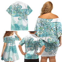 Aotearoa Maori Koru Curves Family Matching Off Shoulder Short Dress and Hawaiian Shirt Mossy Paua Shell LT7 - Polynesian Pride