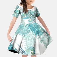 Aotearoa Maori Koru Curves Family Matching Summer Maxi Dress and Hawaiian Shirt Mossy Paua Shell LT7 Daughter's Dress Green - Polynesian Pride