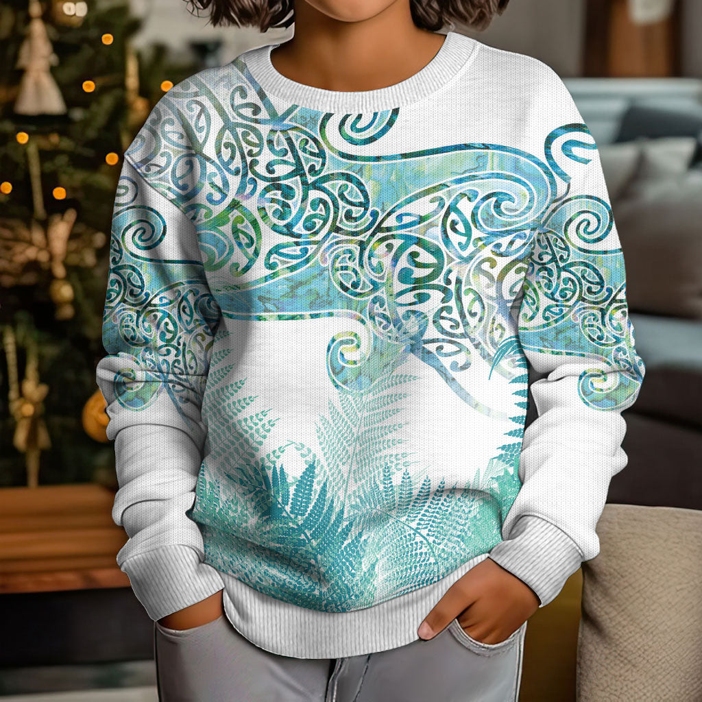 Aotearoa Maori Koru Curves Kid Ugly Christmas Sweater Mossy Paua Shell LT7 - Polynesian Pride