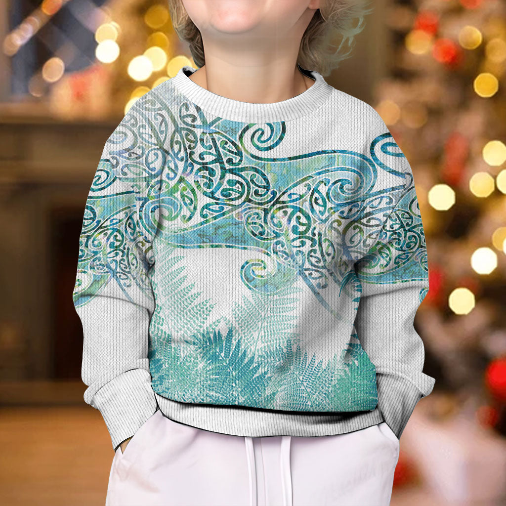 Aotearoa Maori Koru Curves Kid Ugly Christmas Sweater Mossy Paua Shell LT7 - Polynesian Pride