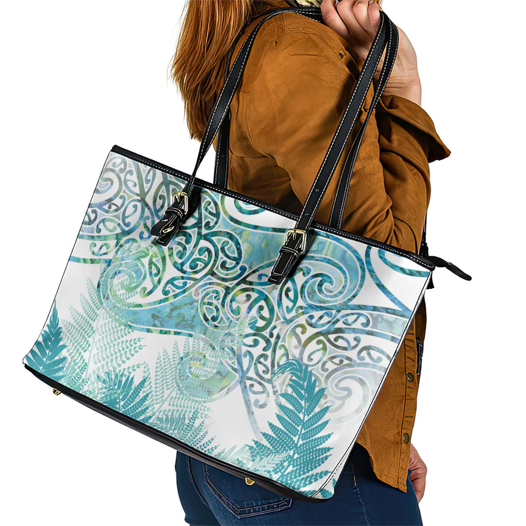 Aotearoa Maori Koru Curves Leather Tote Bag Mossy Paua Shell