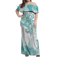 Aotearoa Maori Koru Curves Off Shoulder Maxi Dress Mossy Paua Shell