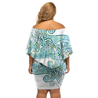 Aotearoa Maori Koru Curves Off Shoulder Short Dress Mossy Paua Shell LT7 - Polynesian Pride