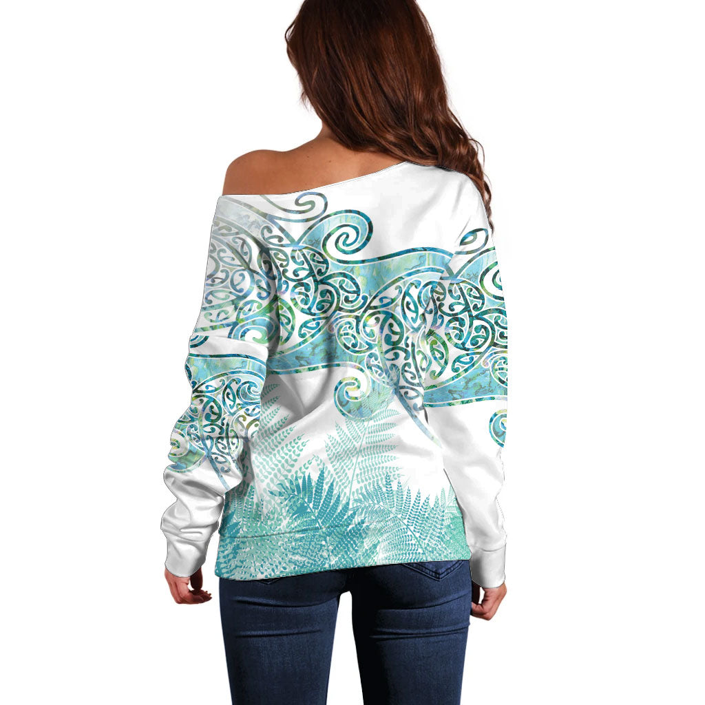 Aotearoa Maori Koru Curves Off Shoulder Sweater Mossy Paua Shell