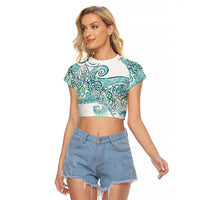 Aotearoa Maori Koru Curves Raglan Cropped T Shirt Mossy Paua Shell LT7 Female Green - Polynesian Pride