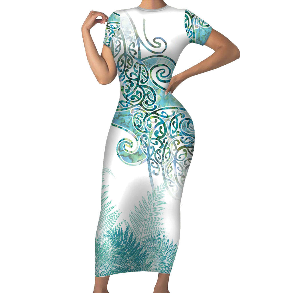 Aotearoa Maori Koru Curves Short Sleeve Bodycon Dress Mossy Paua Shell