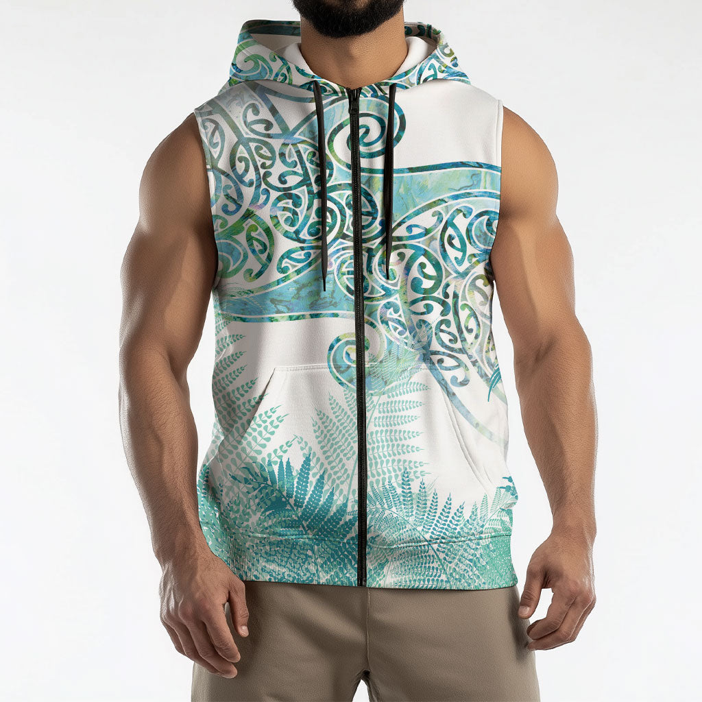 Aotearoa Maori Koru Curves Sleeveless Zip Hoodie Mossy Paua Shell