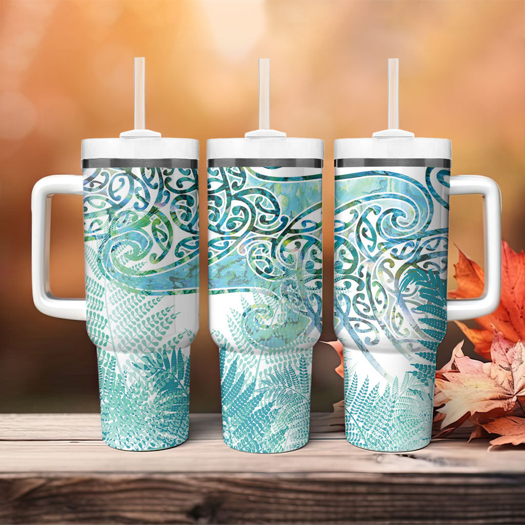 Aotearoa Maori Koru Curves Tumbler With Handle Mossy Paua Shell