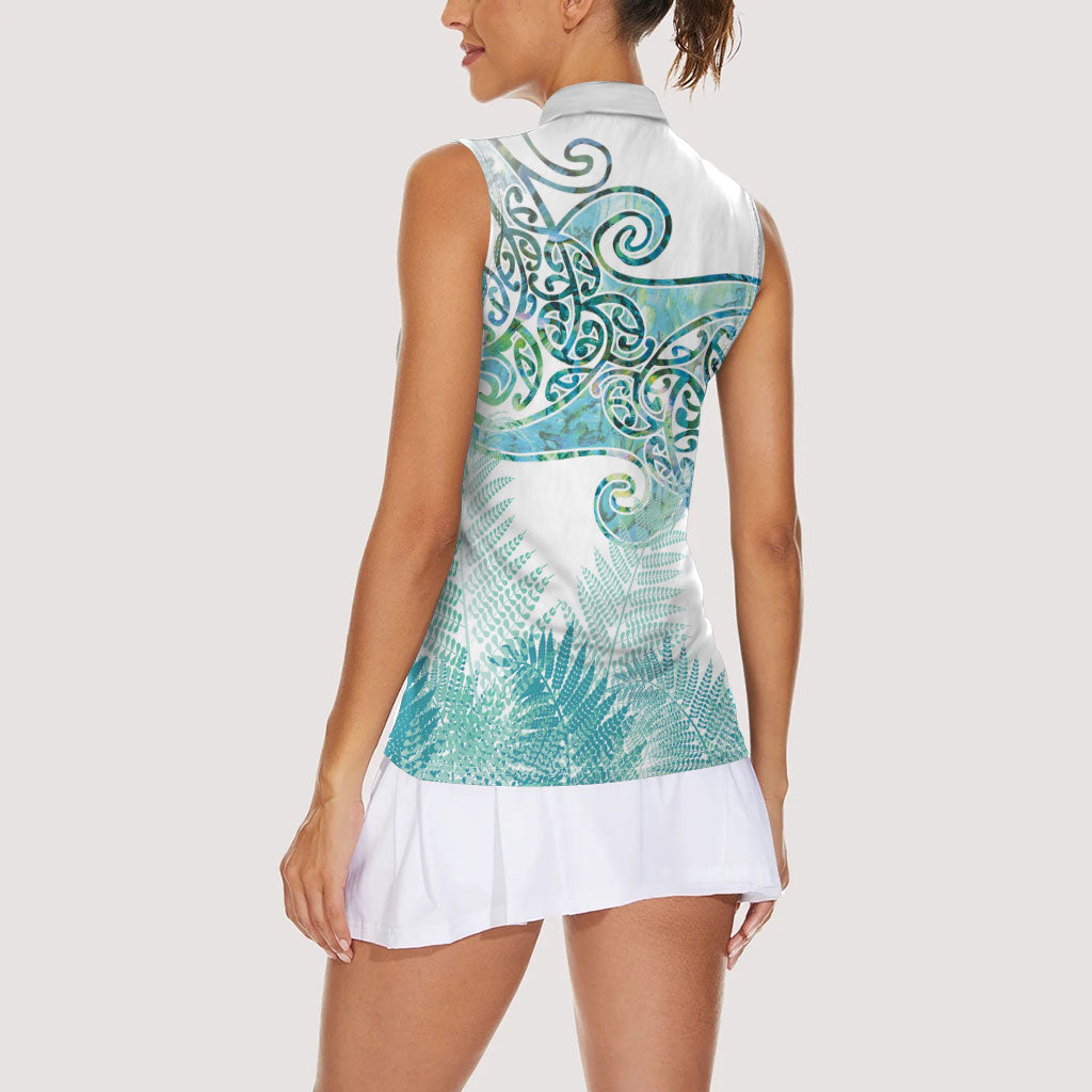 Aotearoa Maori Koru Curves Women Sleeveless Polo Shirt Mossy Paua Shell