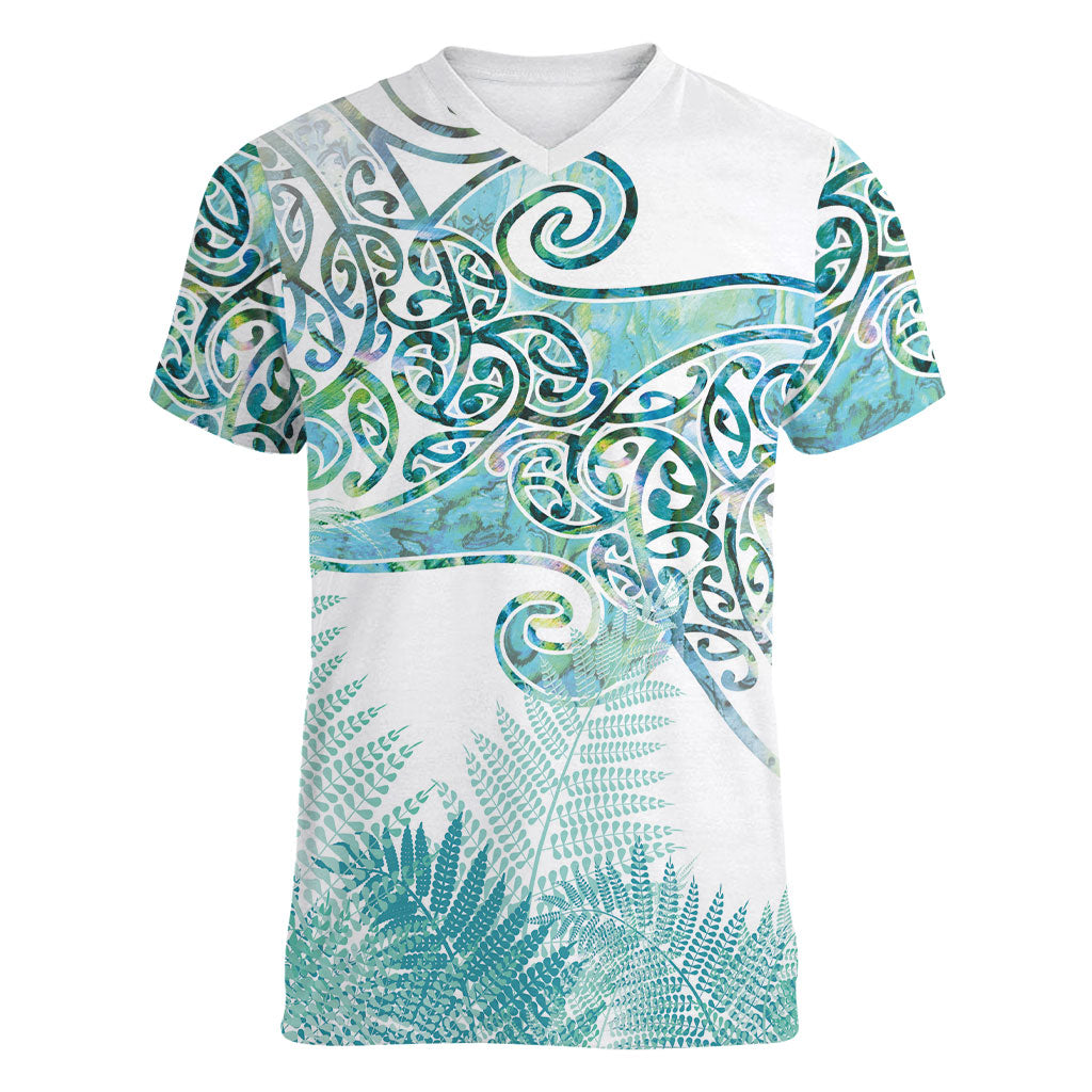 Aotearoa Maori Koru Curves Women V-Neck T-Shirt Mossy Paua Shell