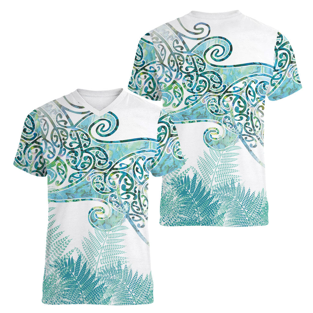 Aotearoa Maori Koru Curves Women V-Neck T-Shirt Mossy Paua Shell