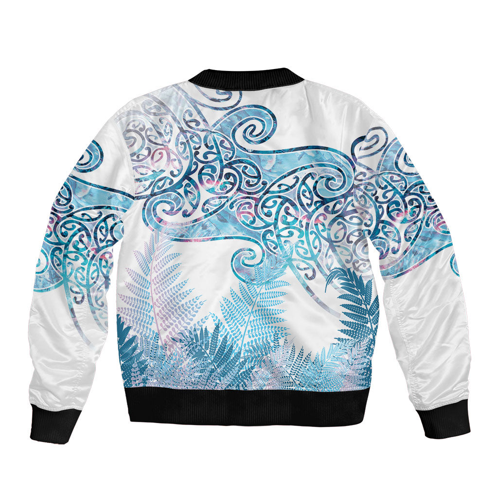 Aotearoa Maori Koru Curves Bomber Jacket Aqua Paua Shell