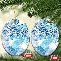 Aotearoa Maori Koru Curves Ceramic Ornament Aqua Paua Shell LT7 Oval Blue - Polynesian Pride