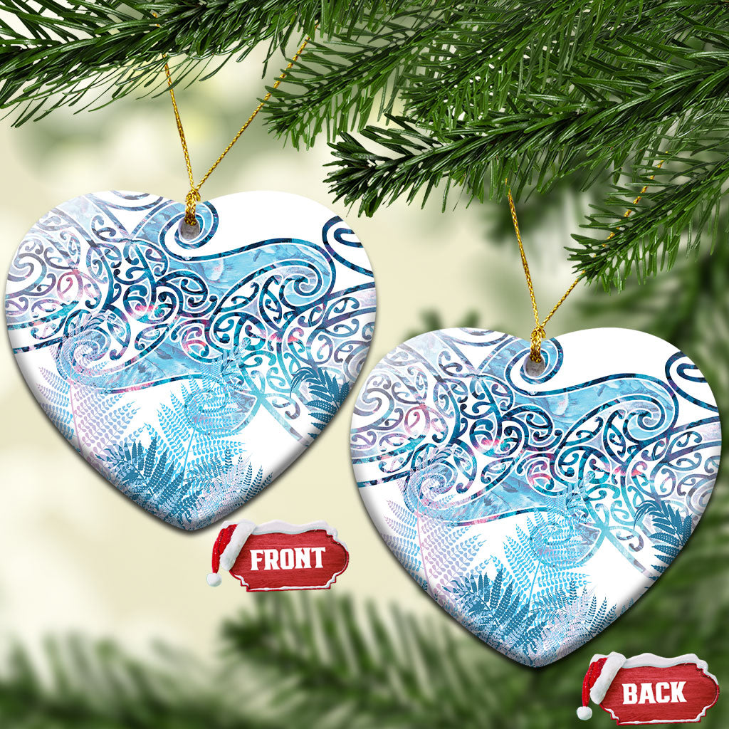 Aotearoa Maori Koru Curves Ceramic Ornament Aqua Paua Shell LT7 Heart Blue - Polynesian Pride