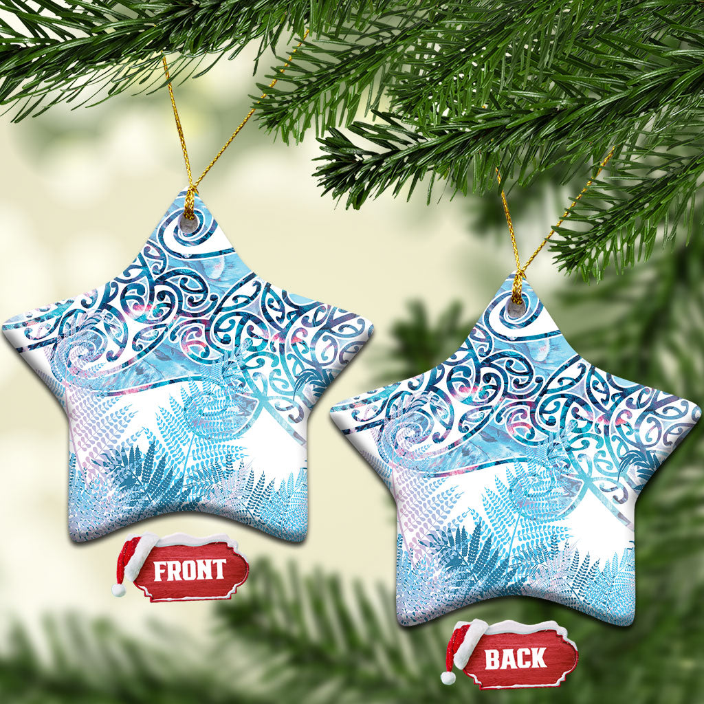 Aotearoa Maori Koru Curves Ceramic Ornament Aqua Paua Shell LT7 Star Blue - Polynesian Pride