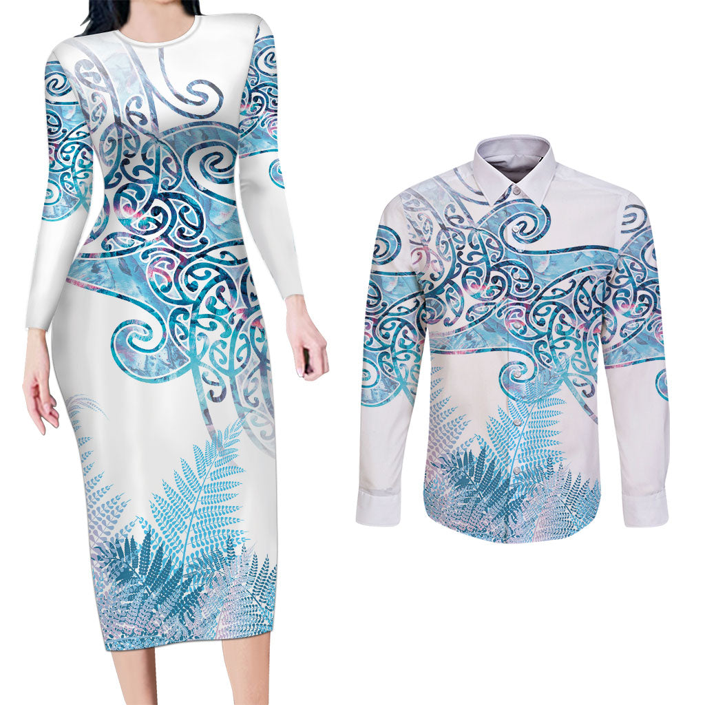 Aotearoa Maori Koru Curves Couples Matching Long Sleeve Bodycon Dress and Long Sleeve Button Shirt Aqua Paua Shell