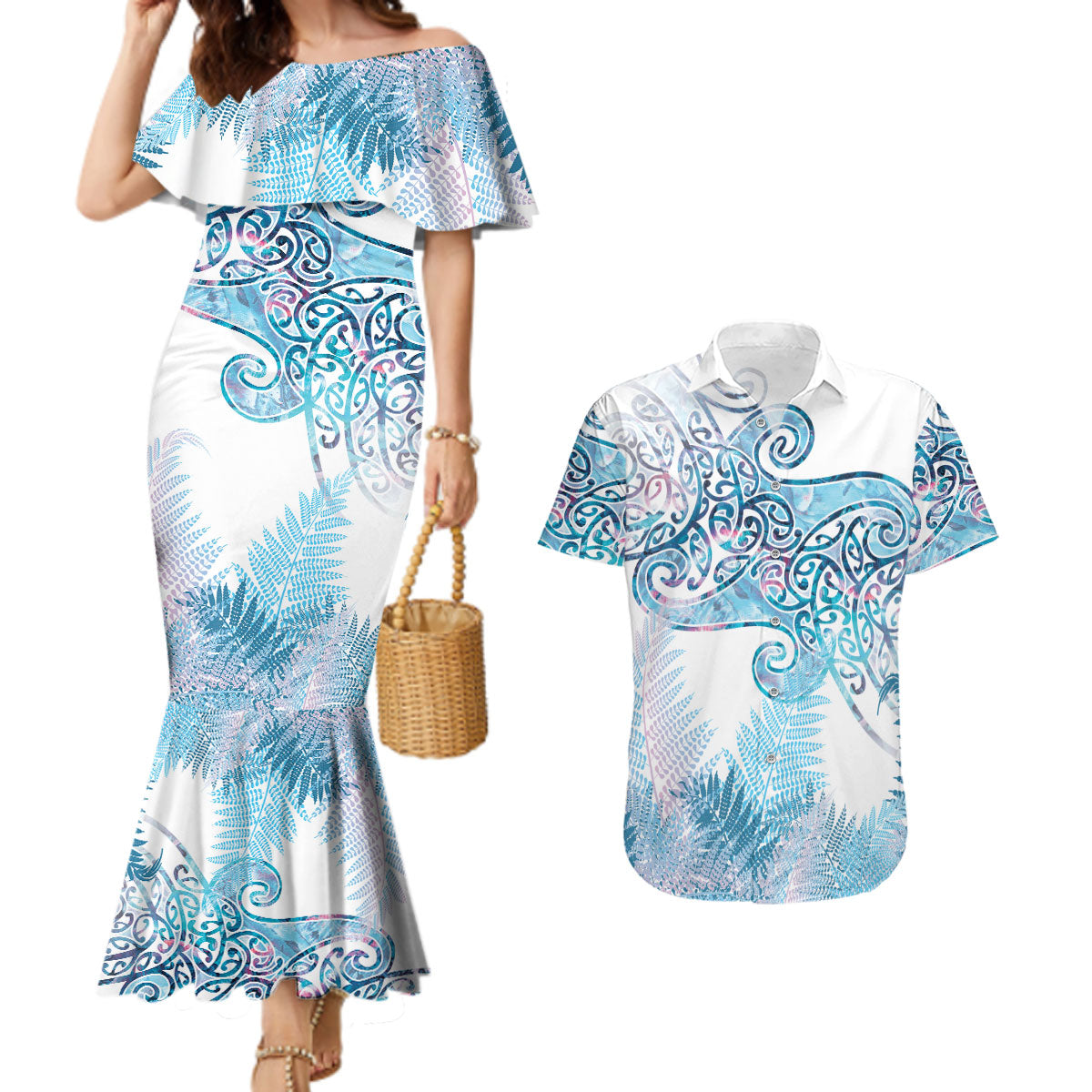 Aotearoa Maori Koru Curves Couples Matching Mermaid Dress and Hawaiian Shirt Aqua Paua Shell LT7 Blue - Polynesian Pride